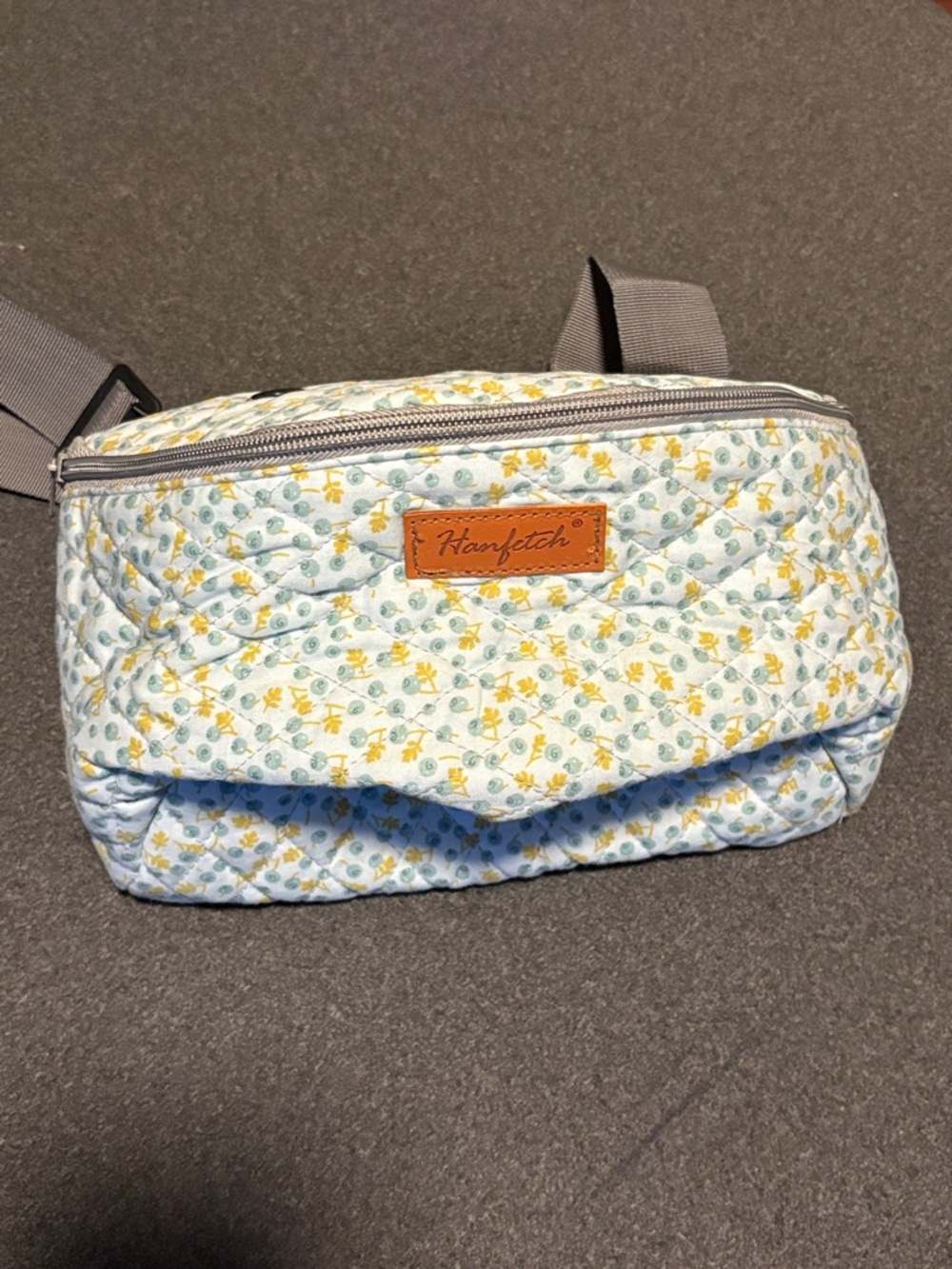 Floral Quilted Crochet Waist Bag in Light Blue and Yellow